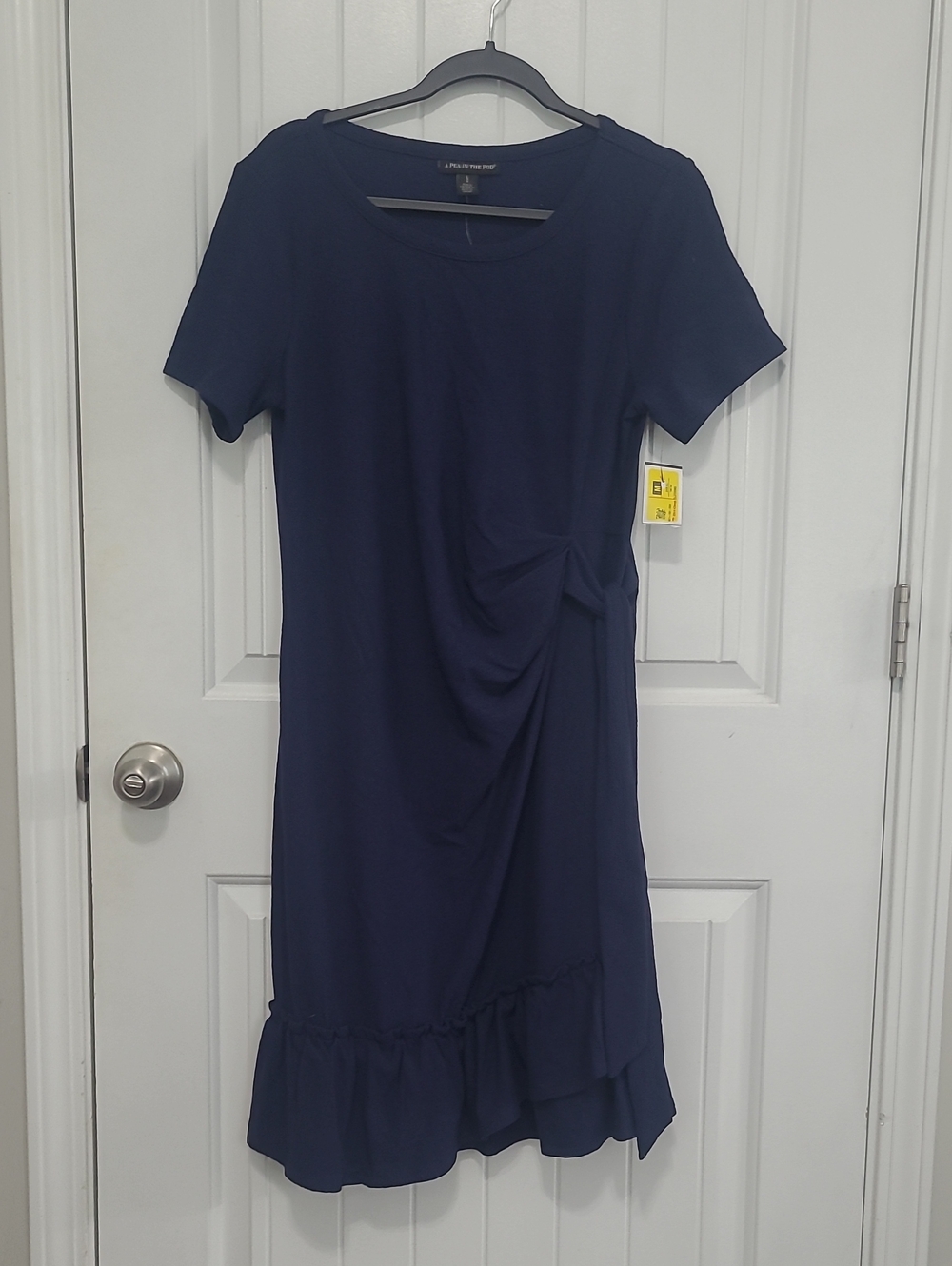 A Pea in the Pod Maternity Navy Short Sleeve Midi Dress with Ruffle Hem